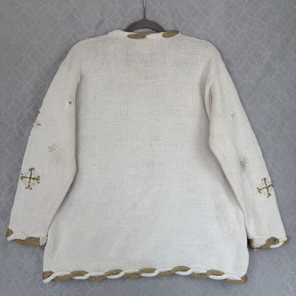 Vtg Snowflake Sweater XL Cream Gold Metallic Woven Knit Holiday Winter Grandma - Picture 7 of 15